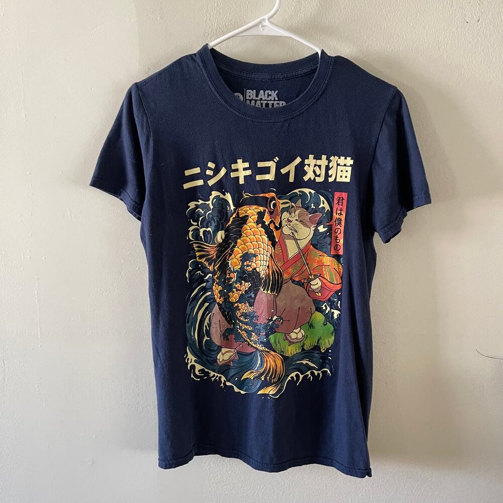 Black Matter The Cat and the Koi Graphic Tee Mens S Blue Casual Artistic Faded